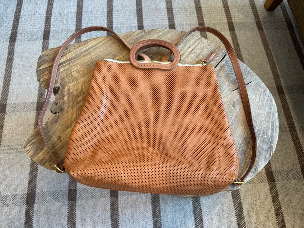 Clare V Perforated Marcelle Backpack Cognac Tan Leather Zip